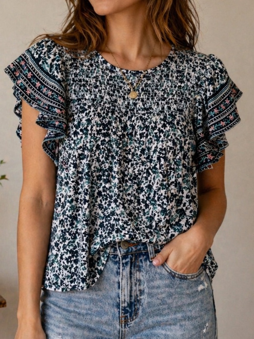 Lucky Brand Navy and White Floral Ruffle Sleeve Top